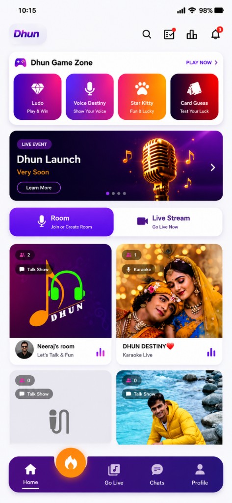 Dhun app home screen with Game Zone and live rooms