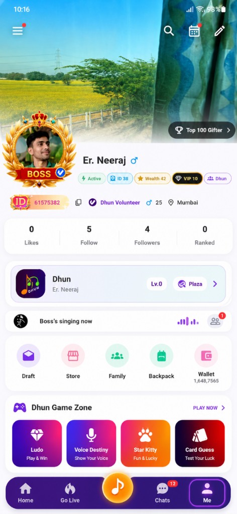 Dhun user profile with VIP level, BOSS frame, and Game Zone